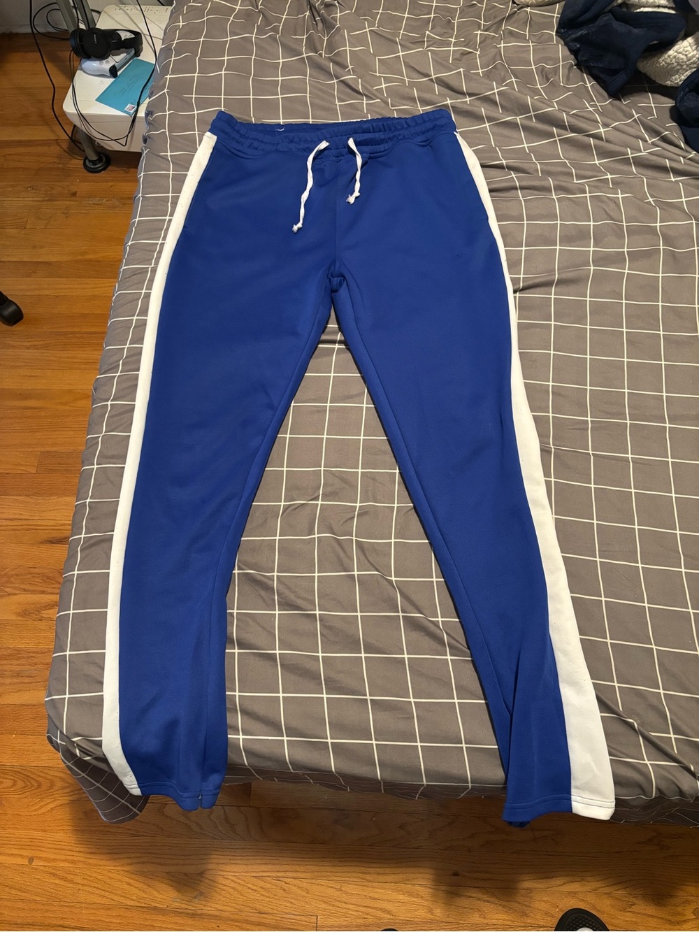 Blue Track Pants with White Side Stripes